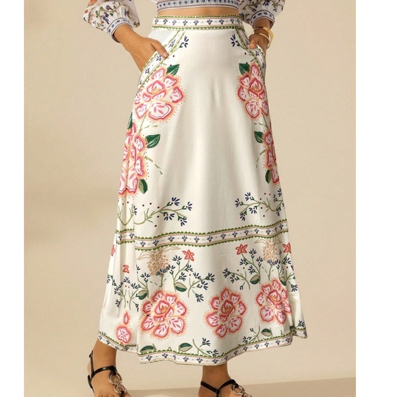 Boho Floral Print Stretchy Waist Pockets Midi Skirt - Picture 7 of 8